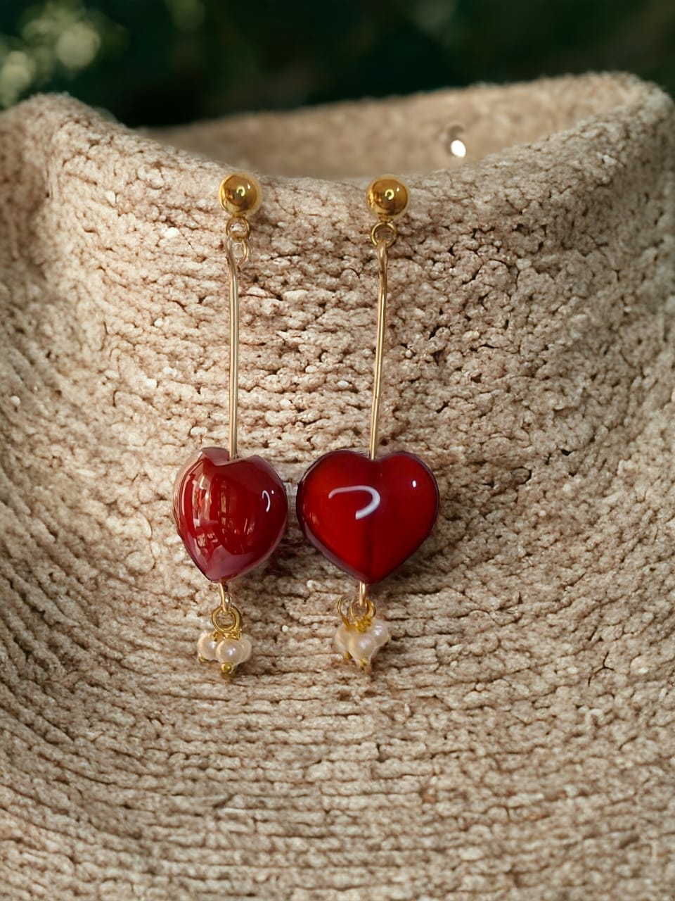 Heart Shaped Red Onyx tone Dangler Earrings