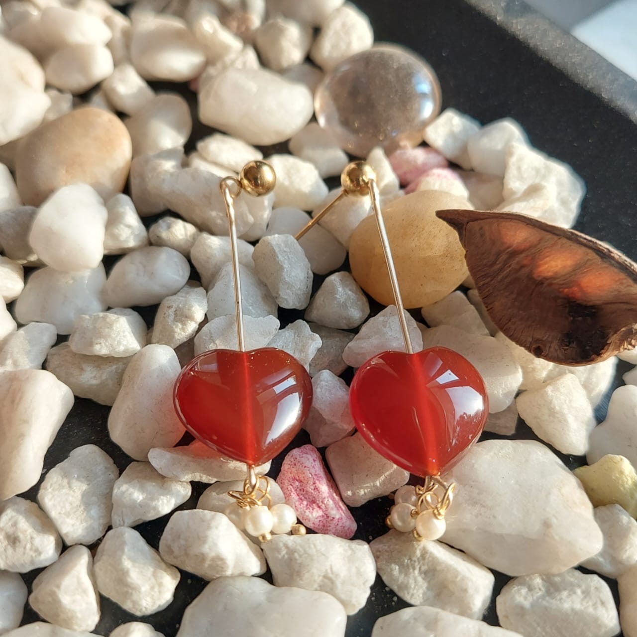 Heart Shaped Red Onyx tone Dangler Earrings