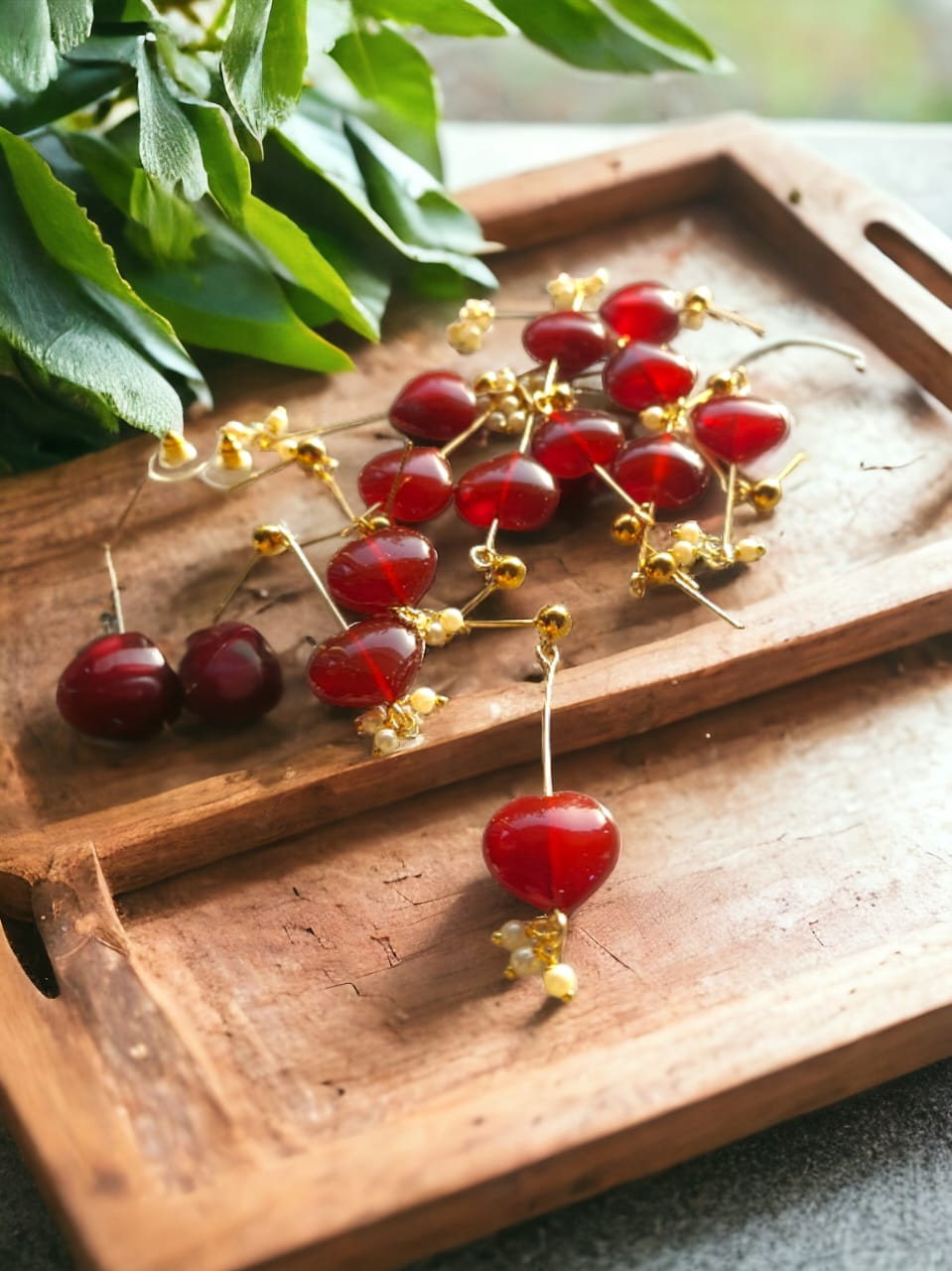 Heart Shaped Red Onyx tone Dangler Earrings