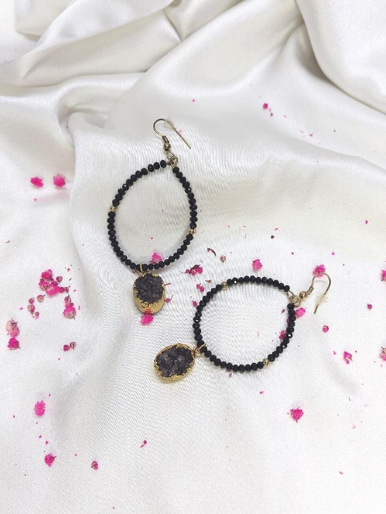 Black Spinel & Natural Stone Hoop Earrings