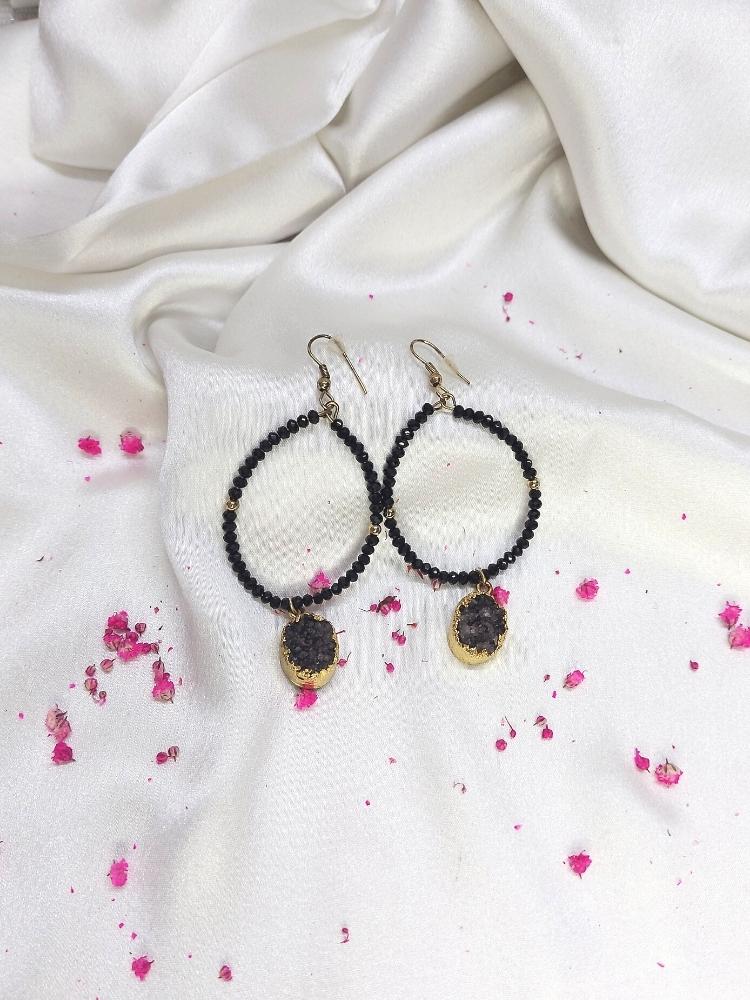 Black Spinel & Natural Stone Hoop Earrings