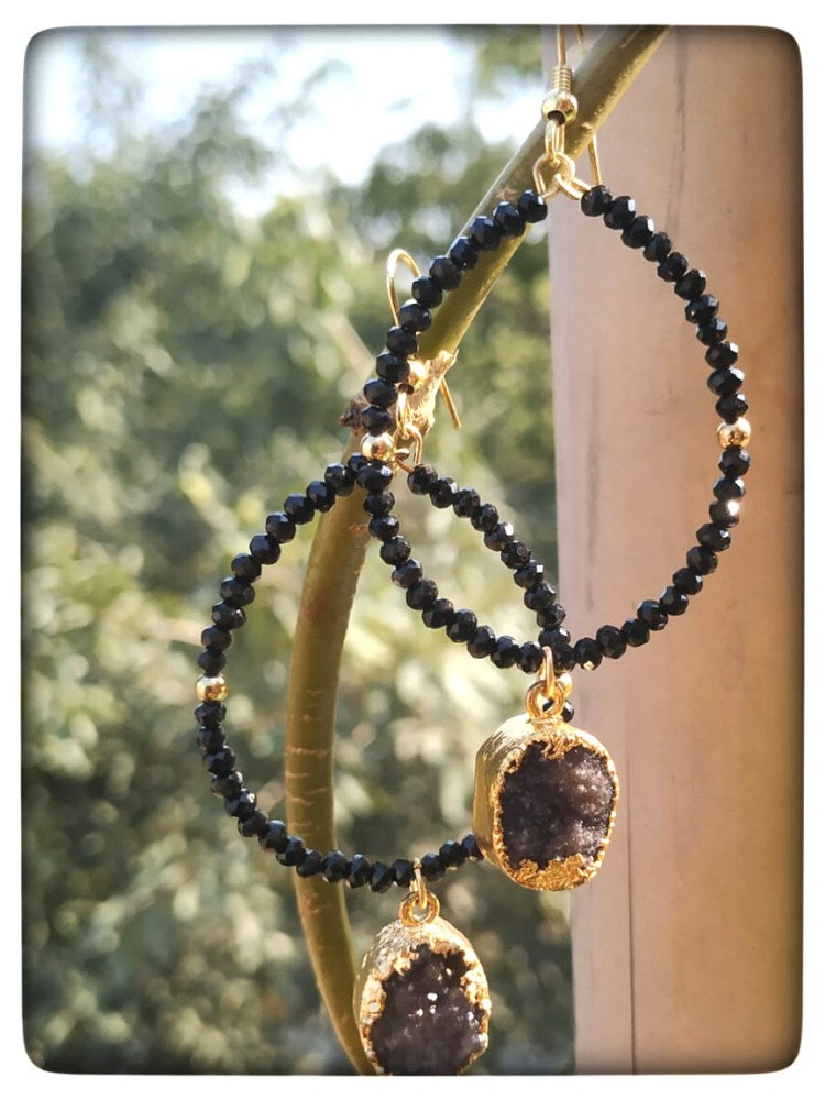 Black Spinel & Natural Stone Hoop Earrings